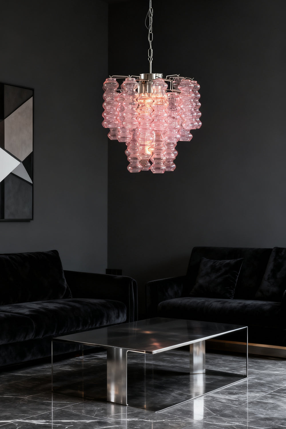 Pink Murano Ripple Glass Tube Chandelier