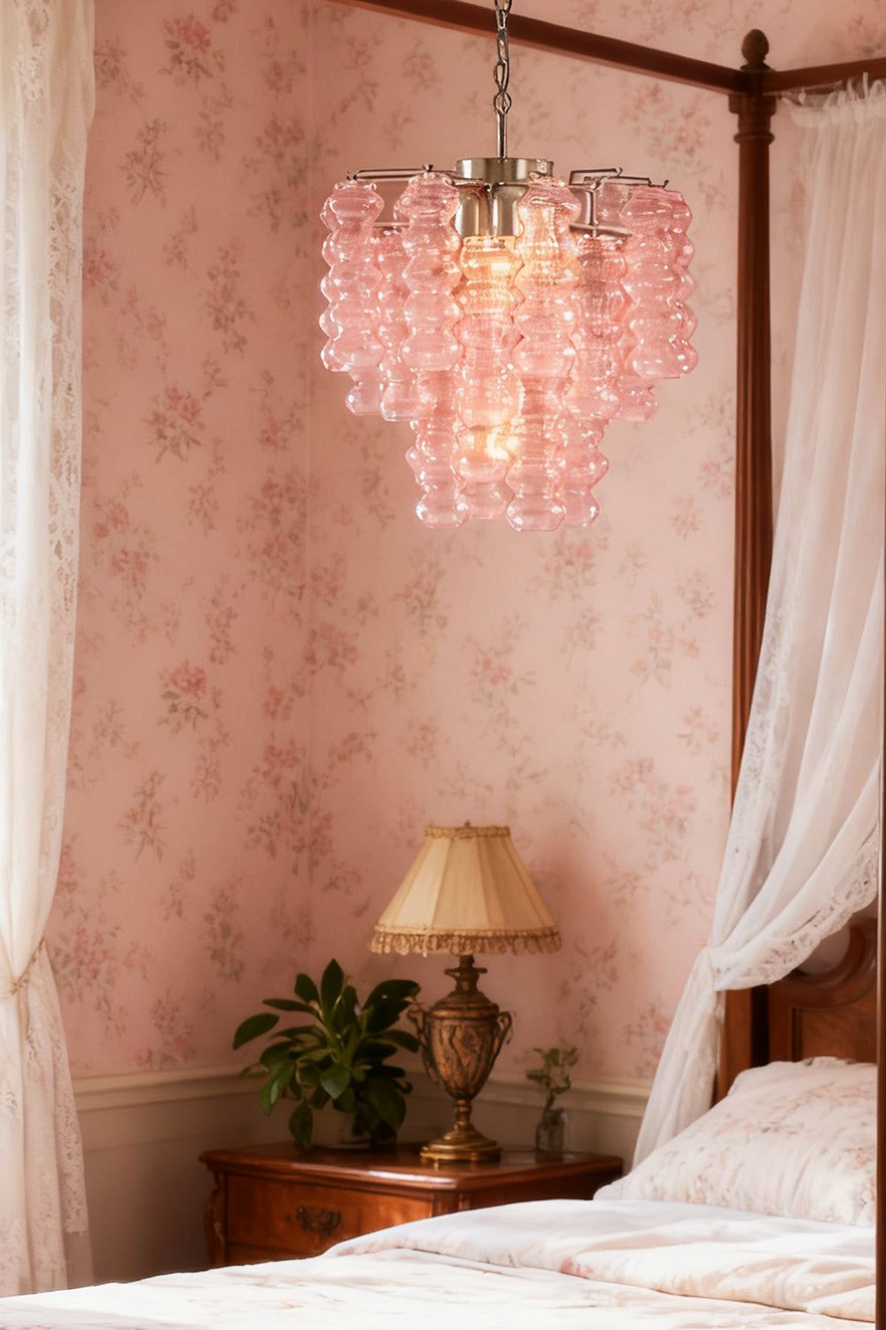 Pink Murano Ripple Glass Tube Chandelier