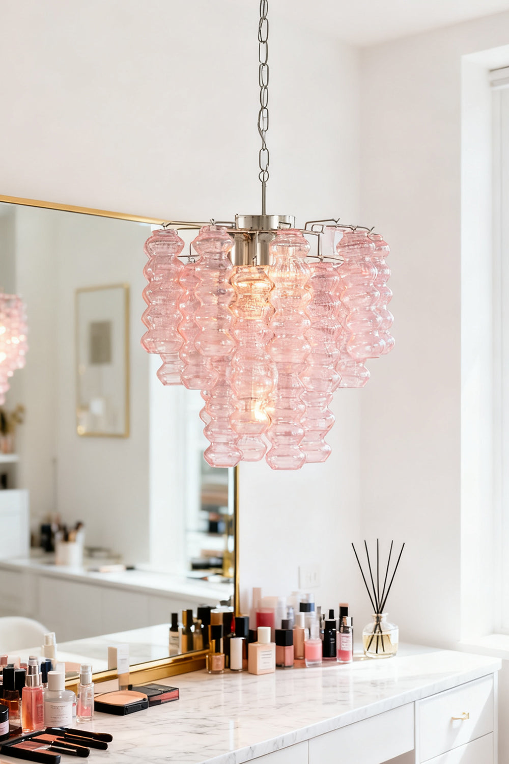 Pink Murano Ripple Glass Tube Chandelier