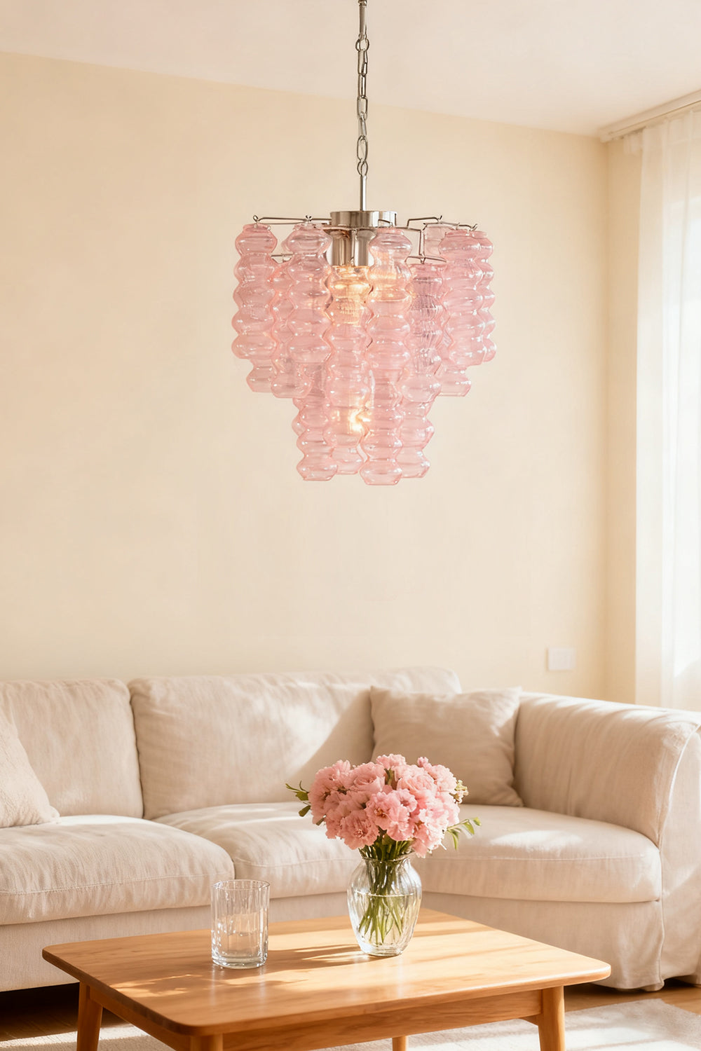 Pink Murano Ripple Glass Tube Chandelier