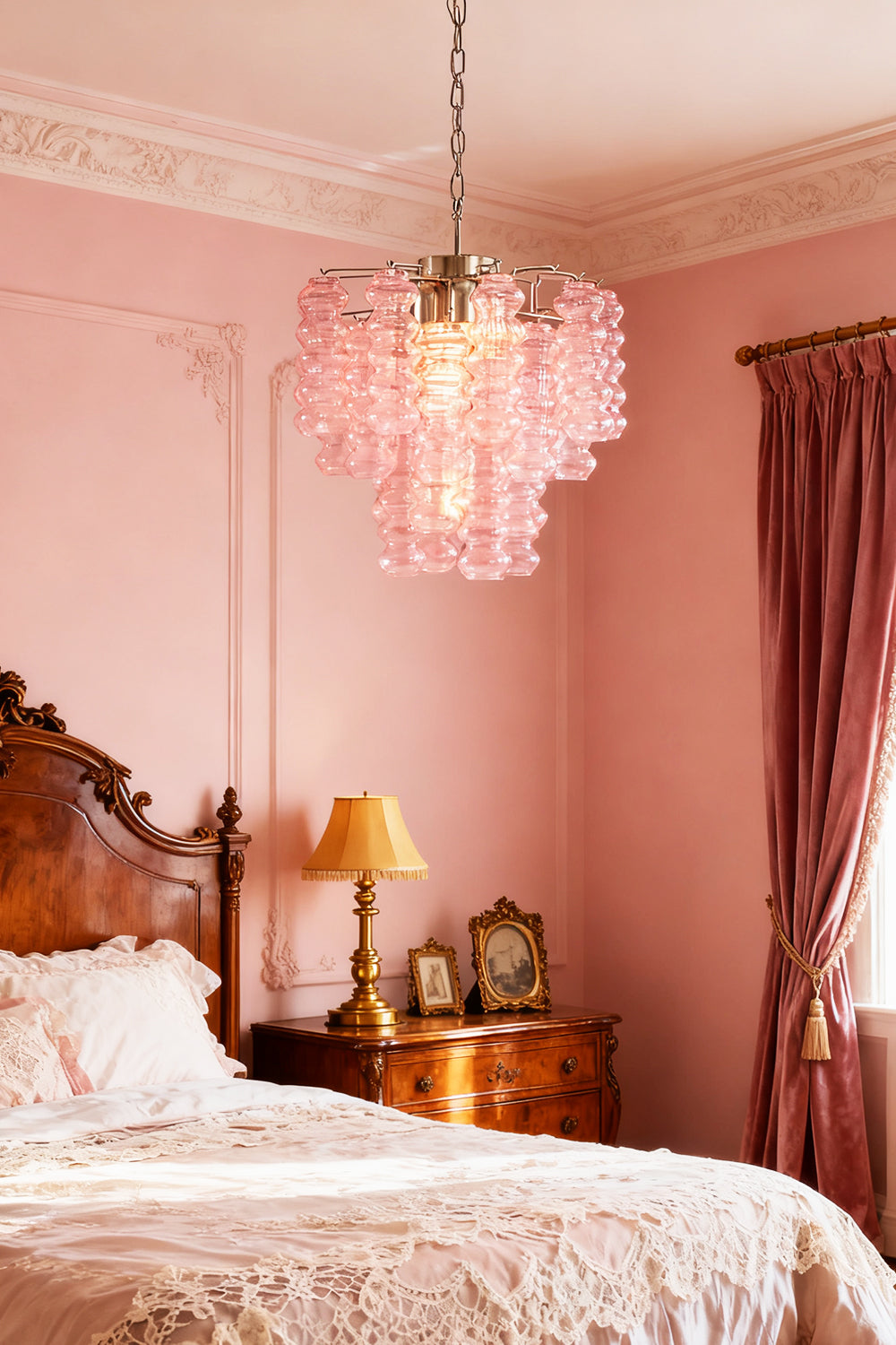 Pink Murano Ripple Glass Tube Chandelier