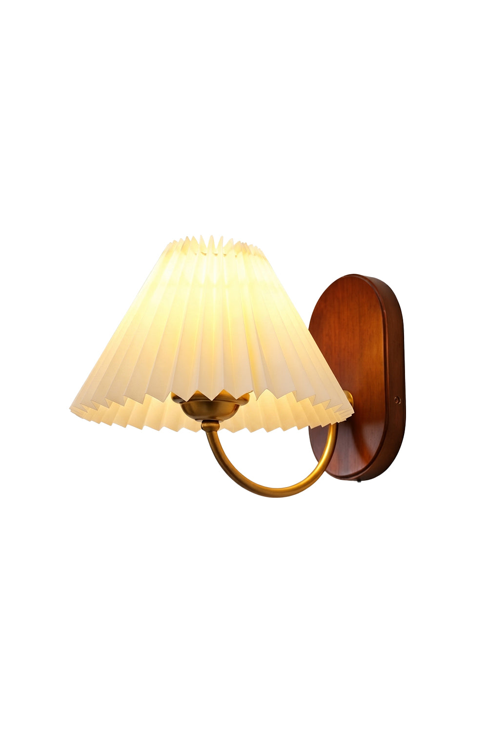 Pleated Fabric Wall Lamp | Fabric, Metal, Wood | Fully lit vintage wall sconce featuring a cream pleated fabric shade, a curved brass arm, and an oval walnut wood backplate | Isolated lit product shot on white background | Samu Lamp