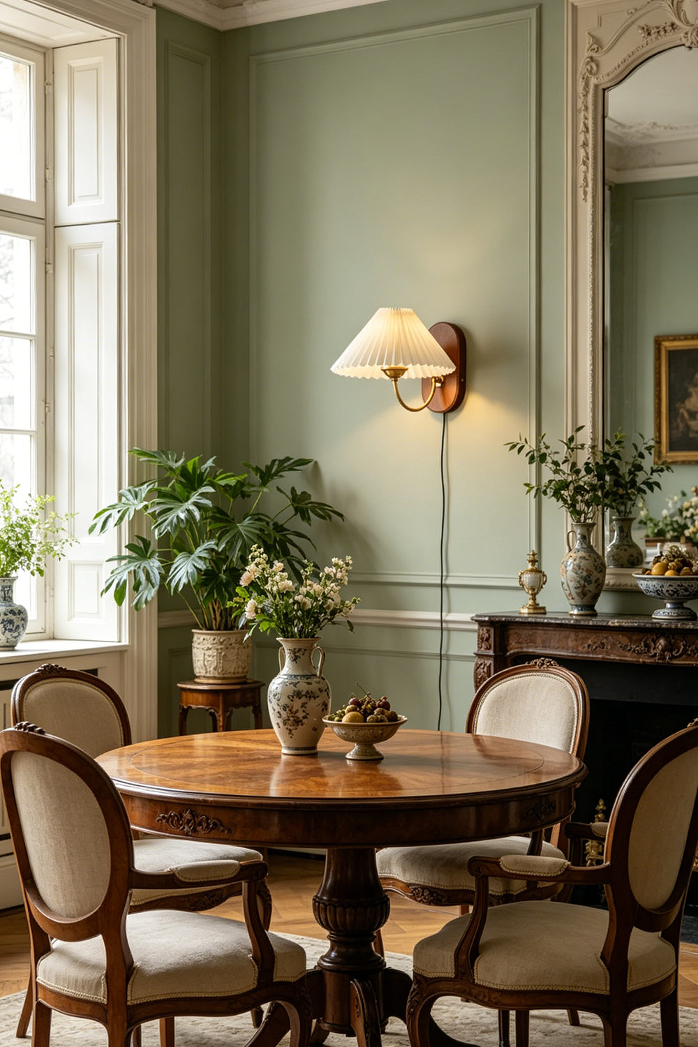 Pleated Fabric Wall Lamp | Fabric, Metal, Wood | Installed on a sage green wall next to a decorative mirror, illuminating a round wooden dining table | Samu Lamp