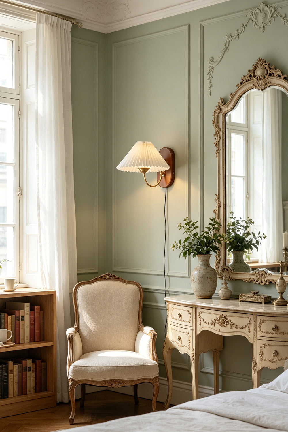 Pleated Fabric Wall Lamp | Fabric, Metal, Wood | Mounted beside a classic vanity table and mirror in a serene room with light green walls and an accent armchair | Samu Lamp