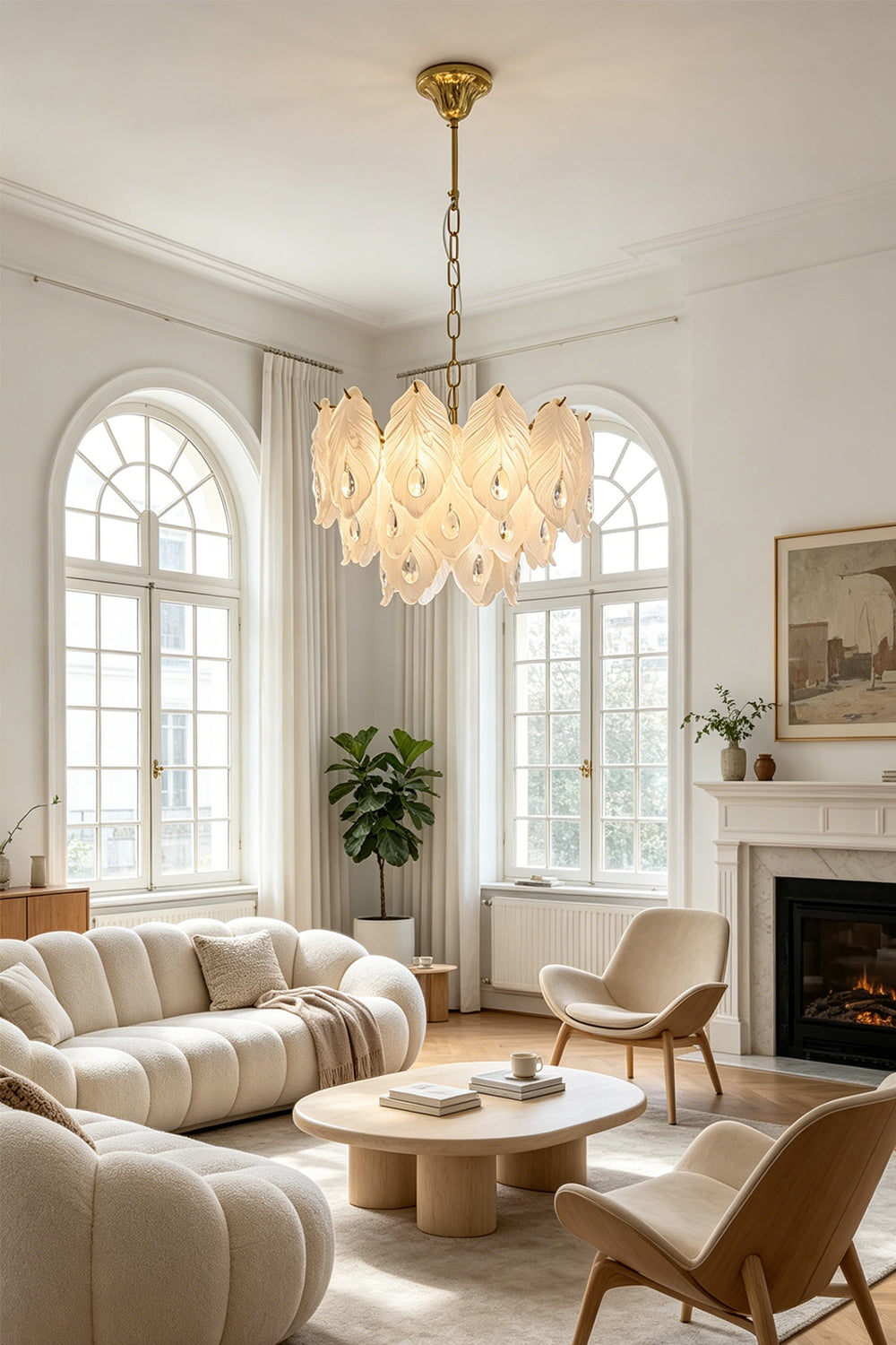 Pluma Frosted Glass Feather Chandelier | Glass, Metal | Providing elegant overhead lighting in a bright classical living room with arched windows, cream furniture, and a fireplace | Samu Lamp