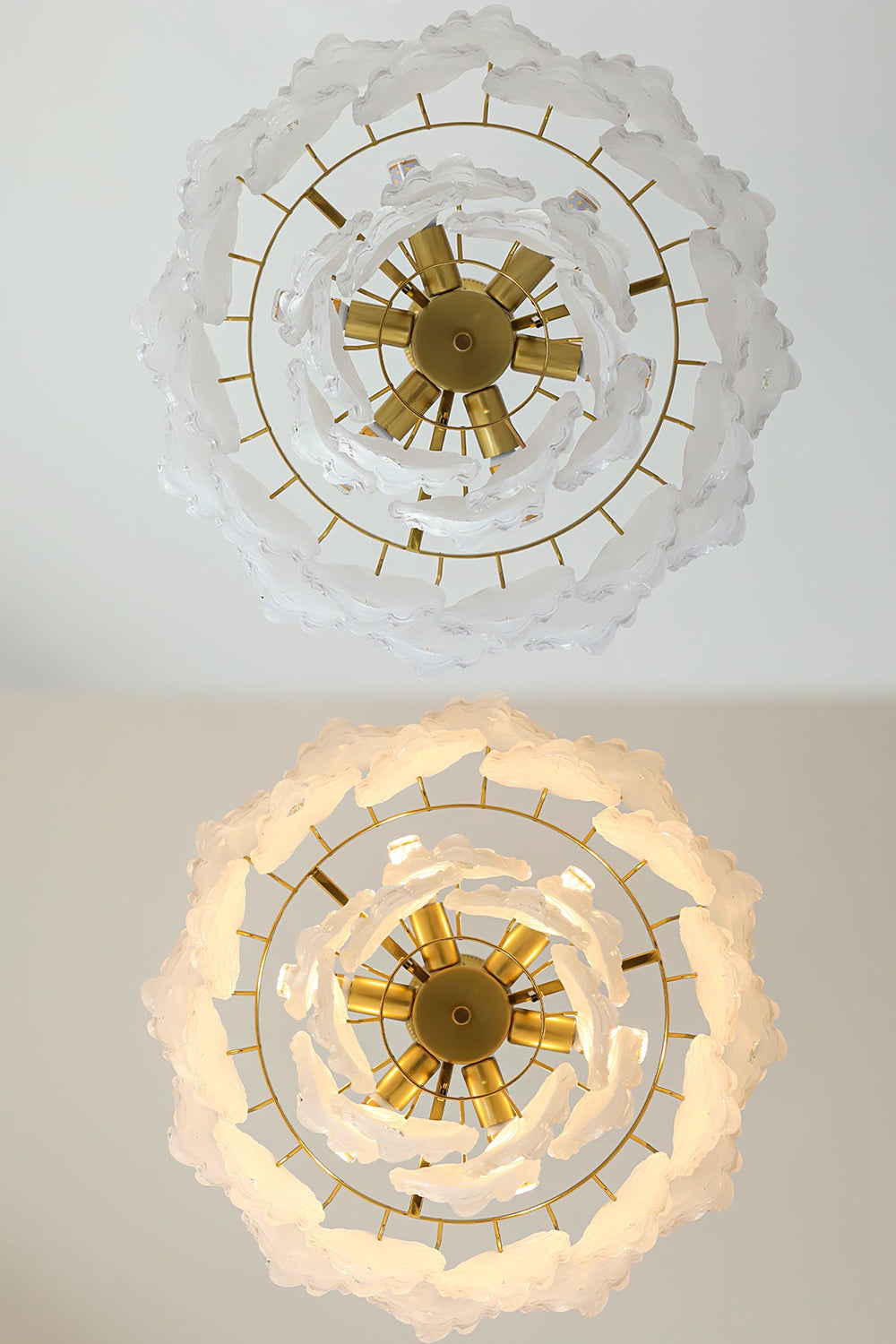 Pluma Frosted Glass Feather Chandelier | Glass, Metal | Split bottom-up view comparing the unlit and fully lit radial concentric arrangement of the gold frame and glass panels | Detail shot | Samu Lamp