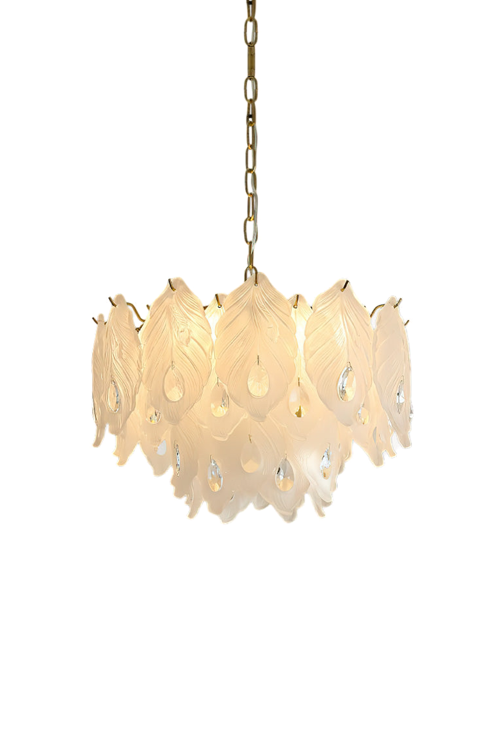 Pluma Frosted Glass Feather Chandelier | Glass, Metal | Fully illuminated modern luxury chandelier featuring overlapping frosted white glass feather panels with dangling clear crystal teardrops on a gold brass frame | Isolated lit product shot on white background | Samu Lamp