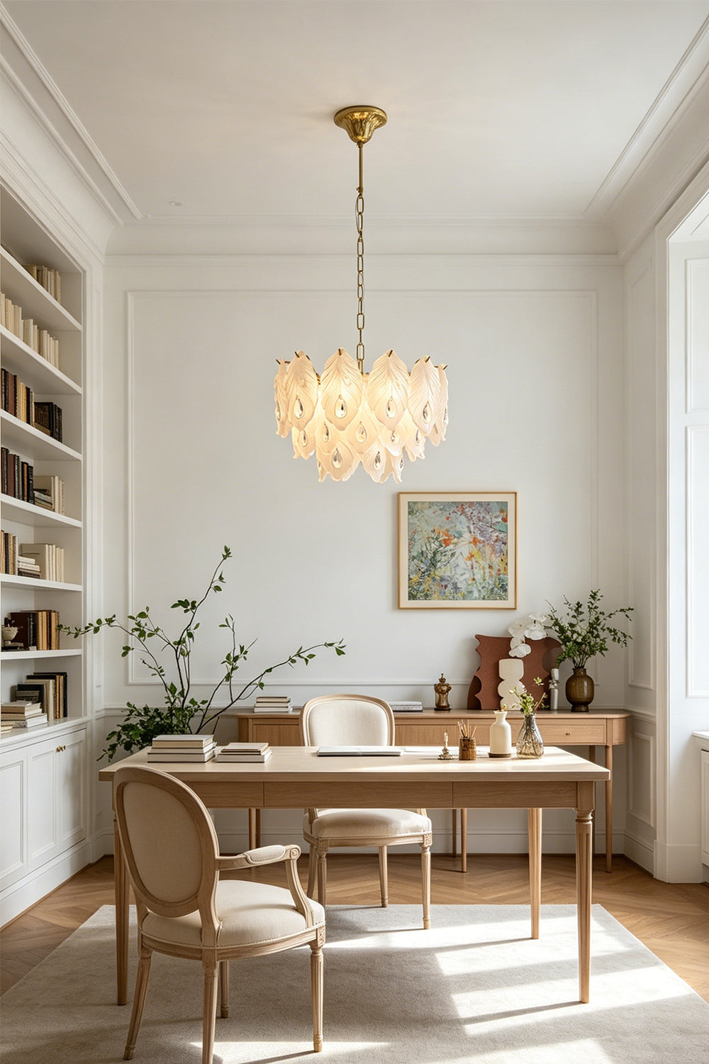 Pluma Frosted Glass Feather Chandelier | Glass, Metal | Illuminating a minimalist contemporary study and dining space, casting a warm glow over a rectangular wooden writing table | Samu Lamp