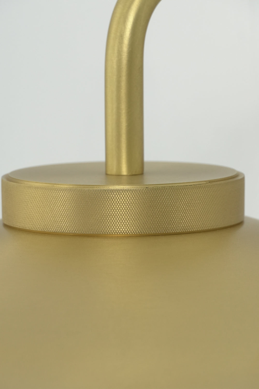 Close-up of brass gooseneck arm and shade top | Brass | Showing the metallic finish and construction | Samu Lamp