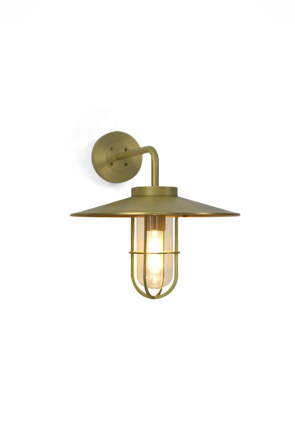 Portree brass wall light with gooseneck arm and cage shade | Brass, Glass | Lit front view on white background | Samu Lamp