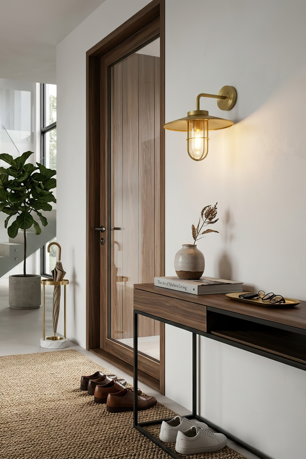 Portree brass wall light in classic interior hallway | Brass, Glass | Installed above a wooden console table | Samu Lamp