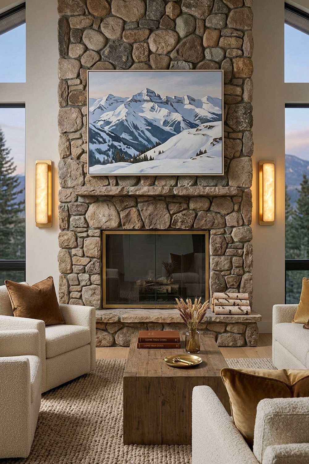 Quadrelle Wall Sconce | Alabaster and Brass | Symmetrical pair flanking mantel in warm rustic living room | Samu Lamp