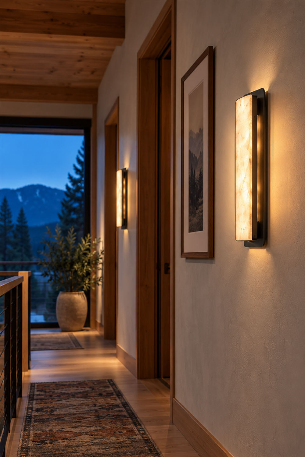 Quadrelle Wall Sconce | Alabaster and Brass | Wall-mounted in an elegant hallway corridor near doorway | Samu Lamp