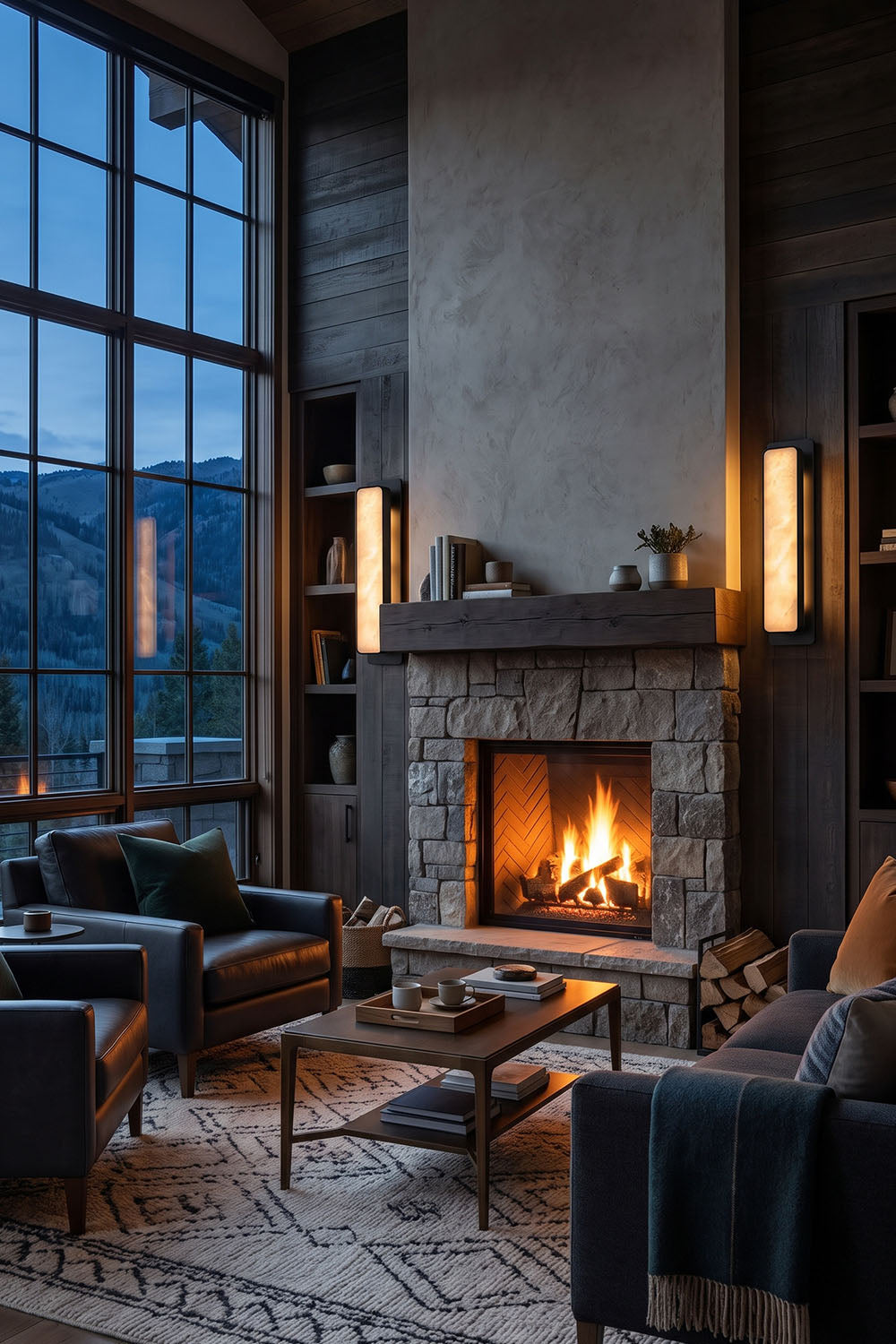 Quadrelle Wall Sconce | Alabaster and Brass | Flanking fireplace in high-ceiling living room with large glass | Samu Lamp