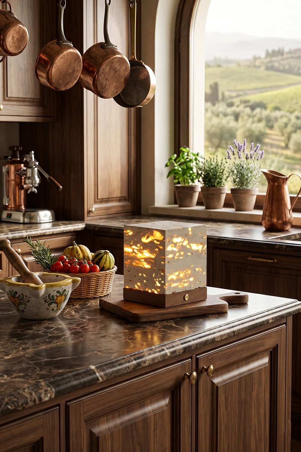 Radiant Monolith Travertine Table Lamp | Travertine, Wood | Lit on granite counter | Rustic Tuscan kitchen interior | Arched window, olive grove view | Samu Lamp