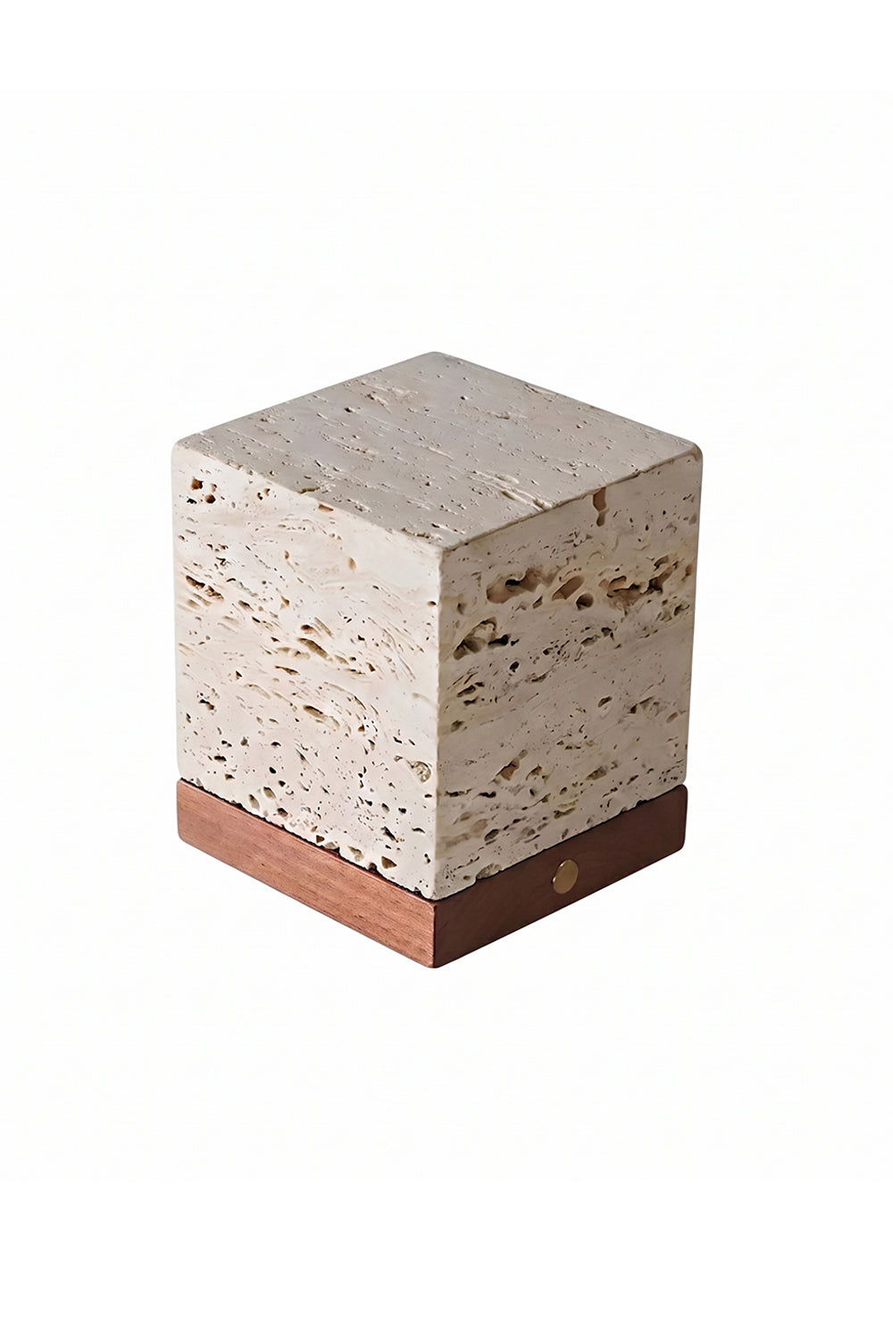 Radiant Monolith Travertine Table Lamp | Travertine, Wood | Unlit 3/4 perspective isolated white background | Raw stone texture, dark wood base | Gold switch detail | Samu Lamp