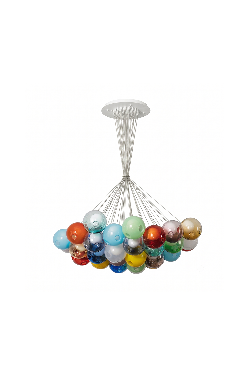 Rainbow Glass Bubble Cluster Chandelier | Glass, Metal | Whimsical modern pendant light featuring a gathered cluster of multi-colored translucent glass bubble globes suspended from silver cables | Isolated product shot on white background | Samu Lamp