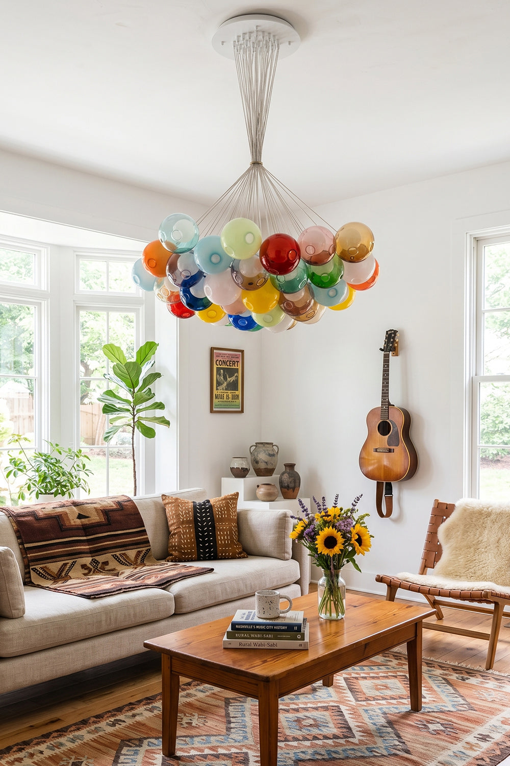 Rainbow Glass Bubble Cluster Chandelier | Glass, Metal | Complementing a rustic home layout with earthy textiles and instruments, casting soft light over a living space | Samu Lamp