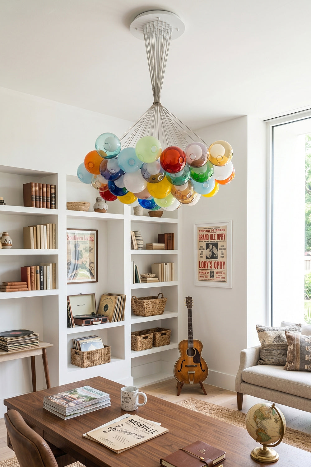Rainbow Glass Bubble Cluster Chandelier | Glass, Metal | Hanging as modern artistic lighting in a cozy living room with floor-to-ceiling white bookshelves and a wooden coffee table | Samu Lamp