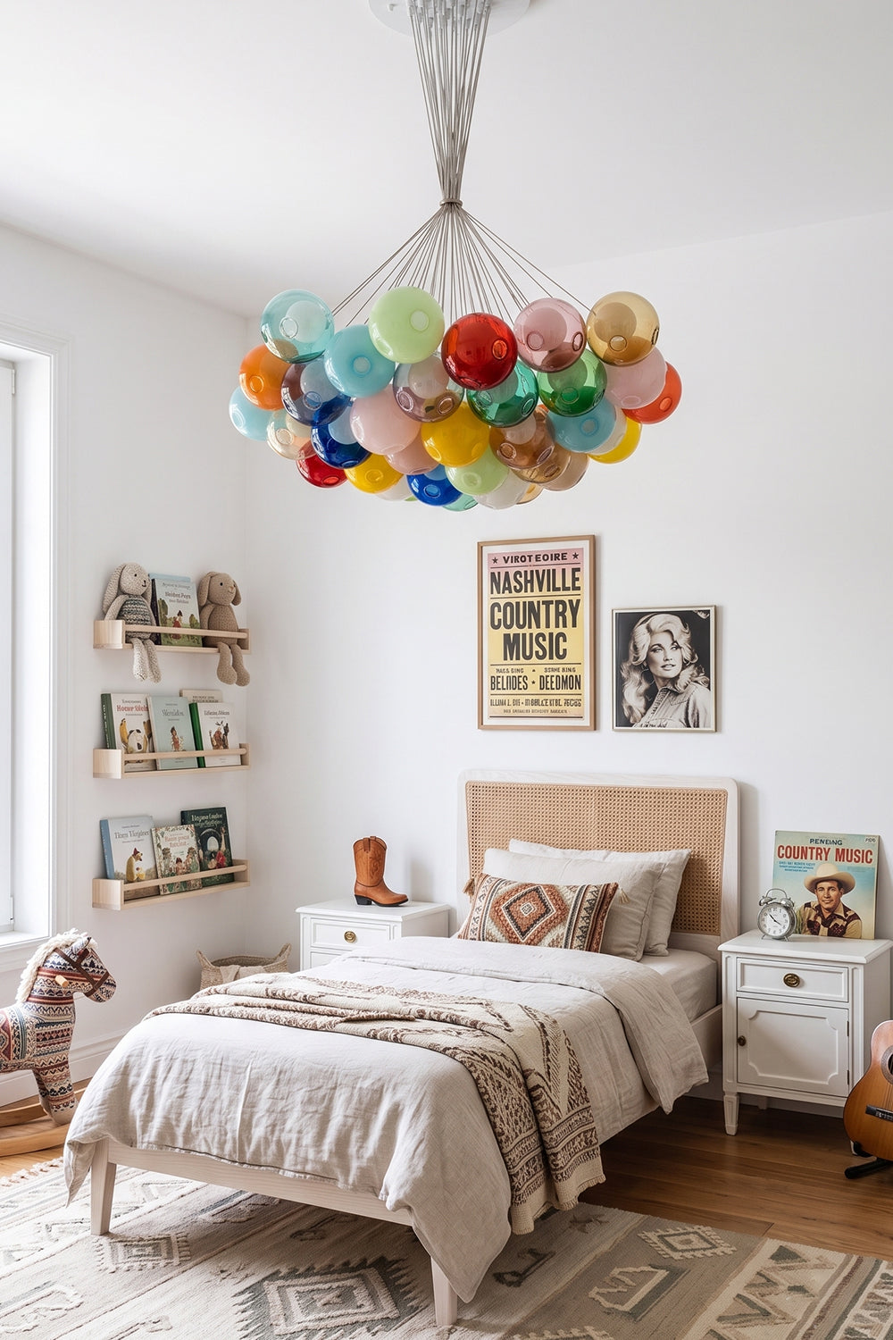 Rainbow Glass Bubble Cluster Chandelier | Glass, Metal | Installed as a whimsical and creative overhead light fixture in an aesthetic bedroom with a light wood platform bed | Samu Lamp