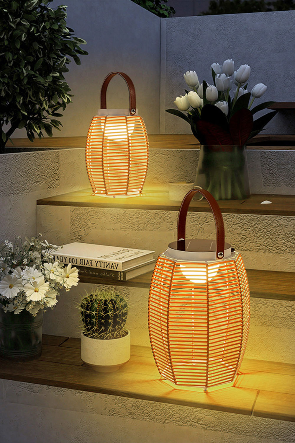 Rattan Lantern Rechargeable Solar Outdoor Table Lamp