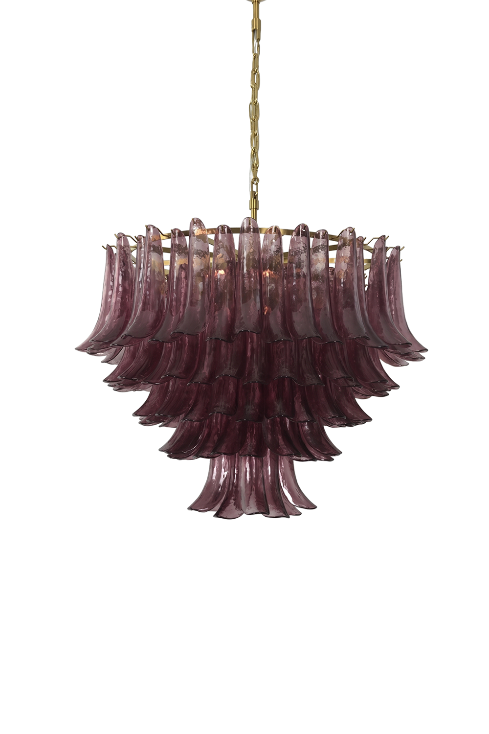 Regal Purple Cascade Chandelier | Glass, Metal | Multi-tiered chandelier with purple petal-shaped glass and brass chain | Isolated lit product shot on white background | Samu Lamp