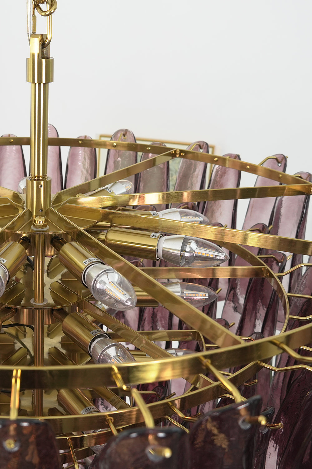 Regal Purple Cascade Chandelier | Glass, Metal | Interior view showing the gold tiered metal frame and light bulb arrangement | Detail shot | Samu Lamp