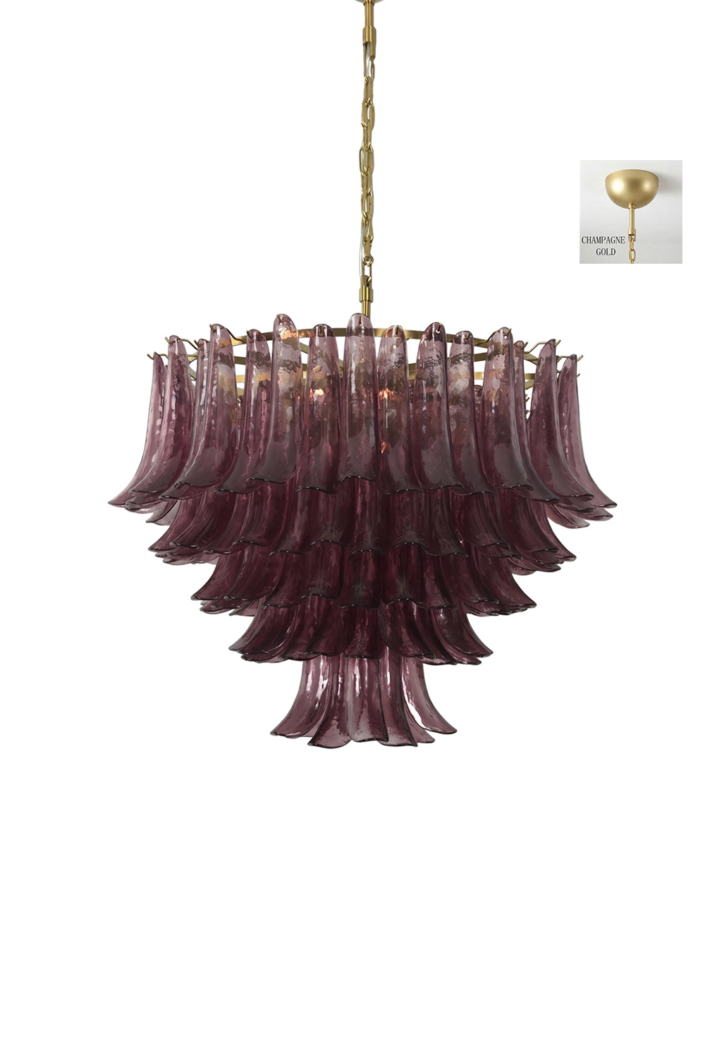Regal Purple Cascade Chandelier | Glass, Metal | Full view of the tiered purple glass chandelier on a white background | Samu Lamp