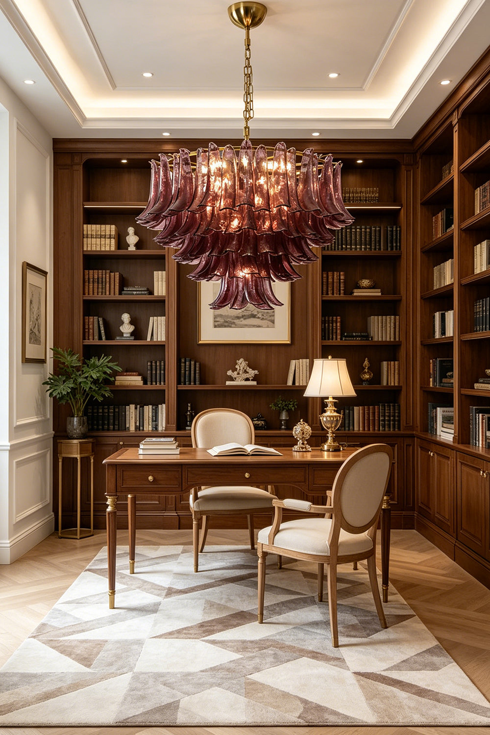 Regal Purple Cascade Chandelier | Glass, Metal | Positioned over a workspace in a classical home library setup | Samu Lamp