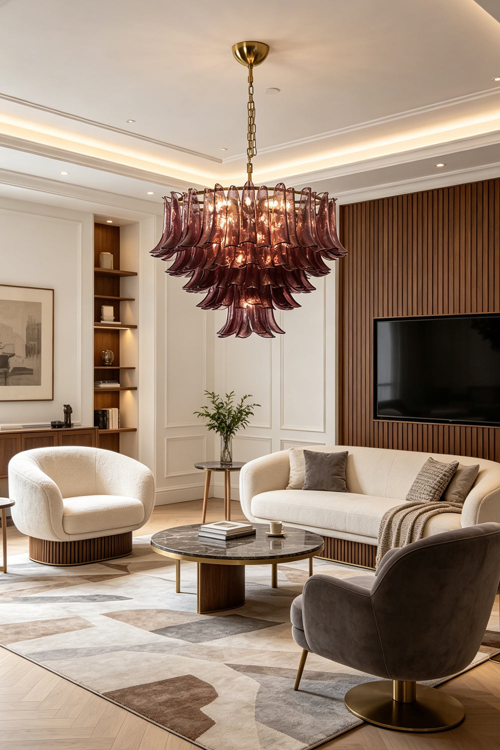 Regal Purple Cascade Chandelier | Glass, Metal | Centered in a luxurious living room with elegant sofas and wooden wall accents | Samu Lamp
