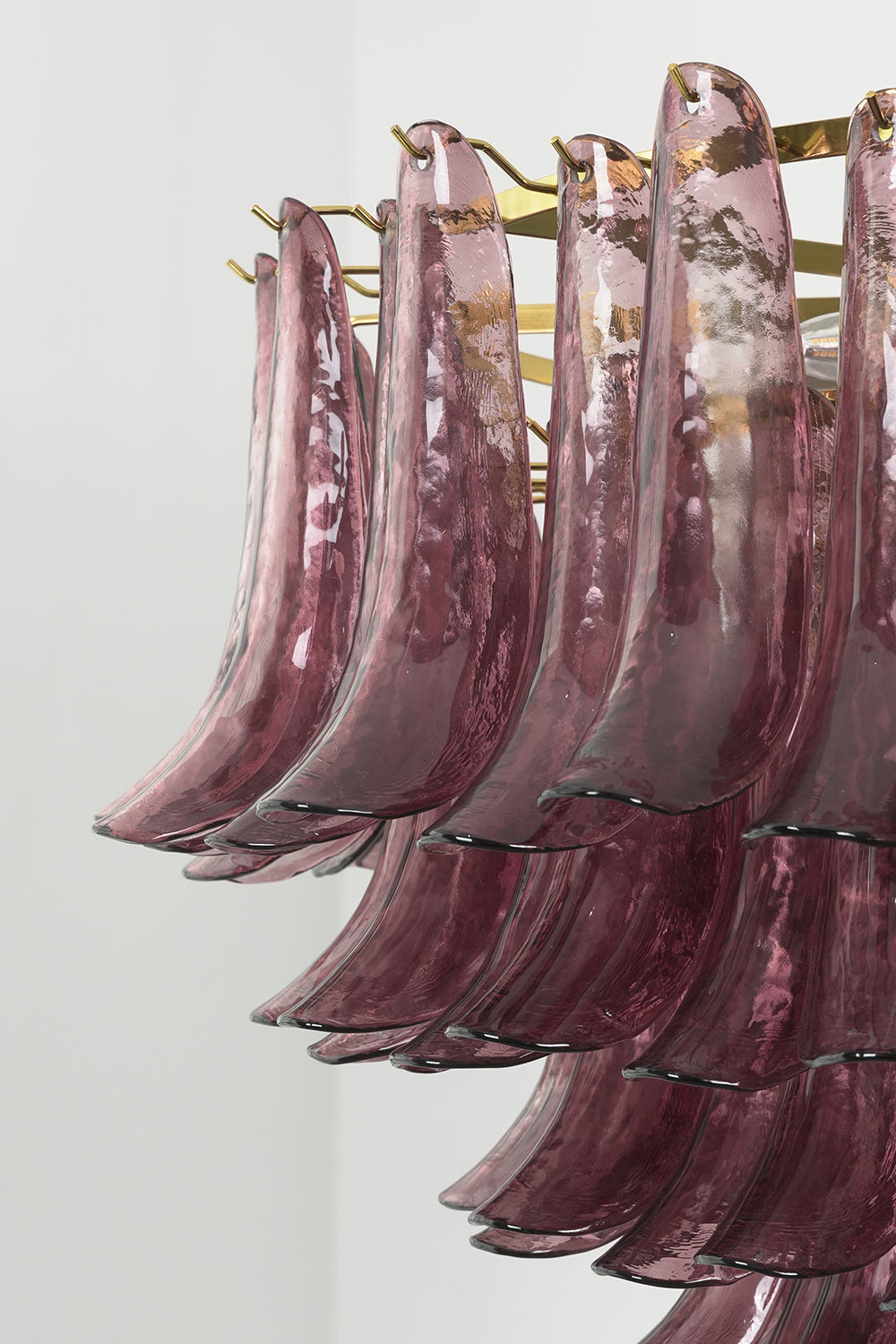 Regal Purple Cascade Chandelier | Glass, Metal | Profile shot of the cascading tiered structure and gold metal rings | Detail shot | Samu Lamp