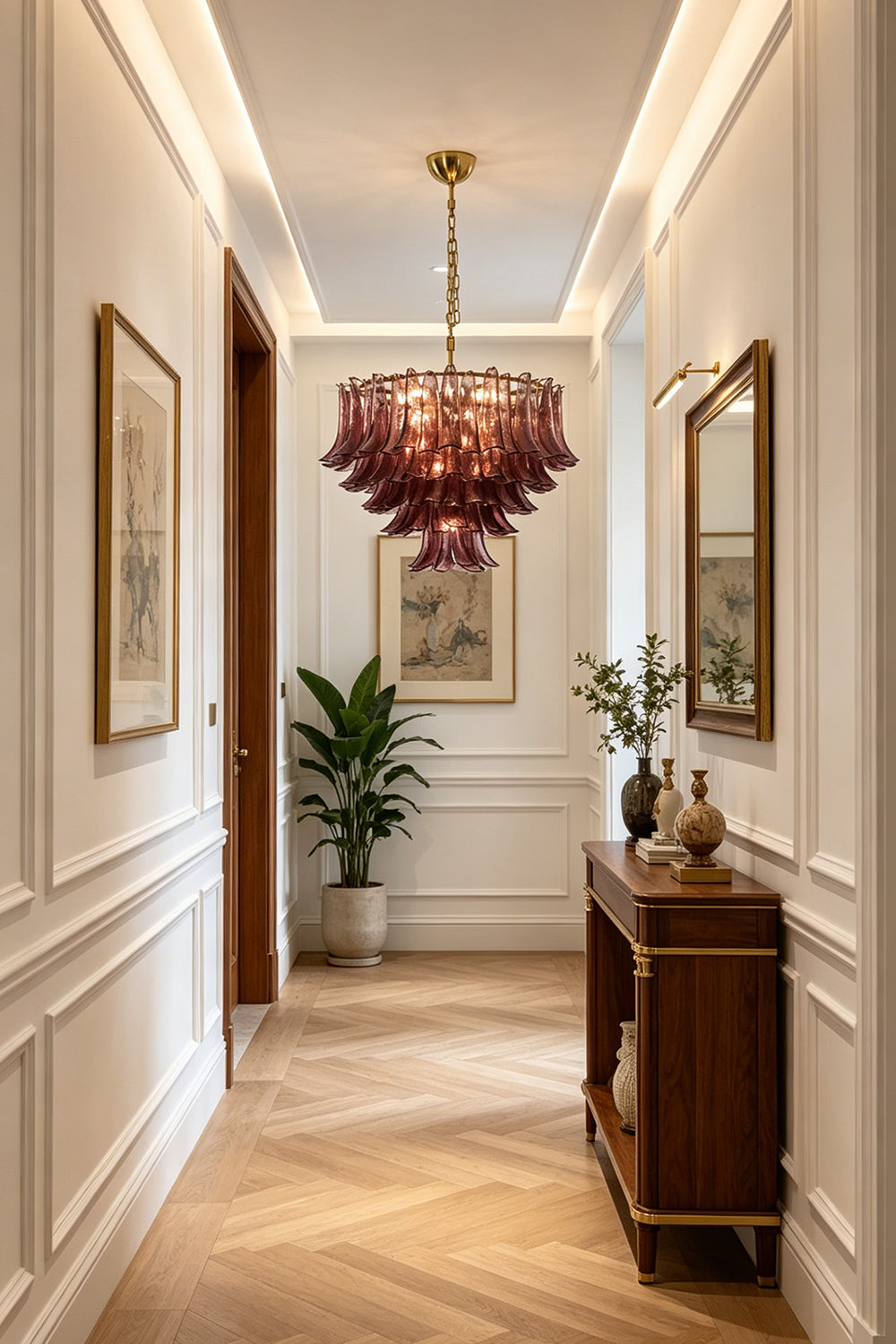 Regal Purple Cascade Chandelier | Glass, Metal | Installed in a sophisticated hallway with a console table and framed art | Samu Lamp