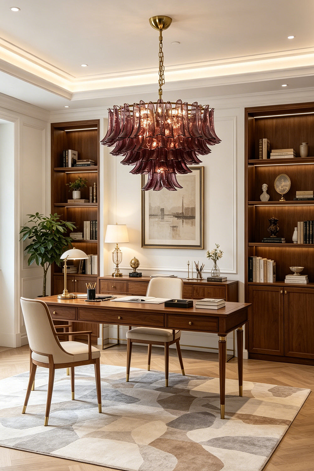 Regal Purple Cascade Chandelier | Glass, Metal | Providing warm light in a modern home office with a large desk and built-in bookshelves | Samu Lamp