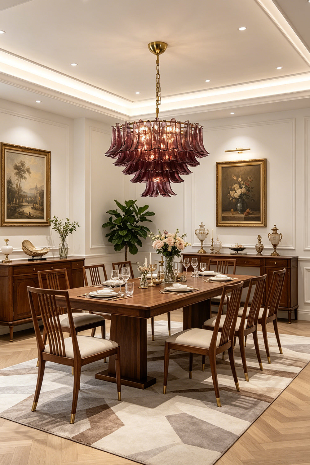 Regal Purple Cascade Chandelier | Glass, Metal | Illuminating a formal dining room with a long wooden table and classic chairs | Samu Lamp