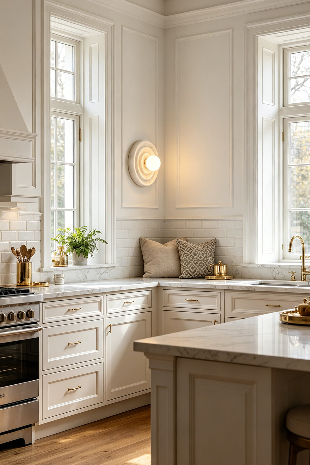 Rhea Rippled Alabaster Wall Sconce | Kitchen Accent Lighting | Illuminating a bright white classical kitchen space from a side wall near a marble island counter and custom cabinetry | Samu Lamp