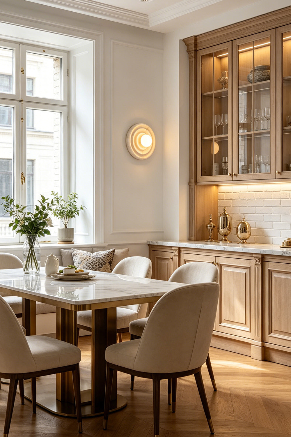 Rhea Rippled Alabaster Wall Sconce | Dining Room Wall Light | Positioned gracefully as an upscale wall accent in a bright classical dining area next to a wooden table and cabinet | Samu Lamp
