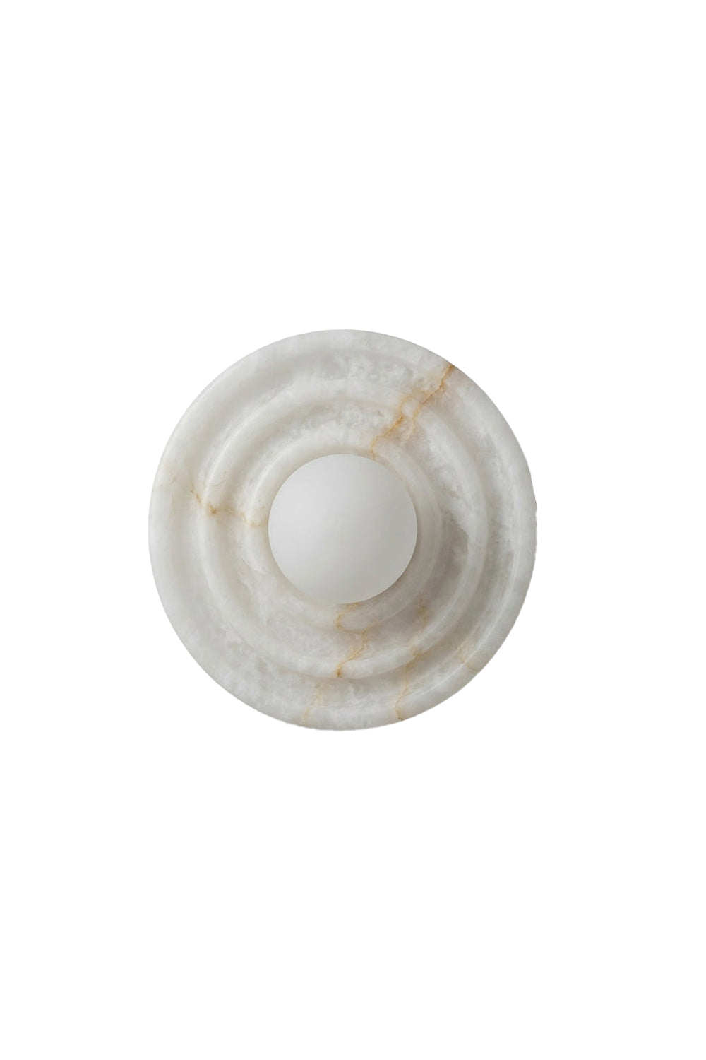 Rhea Rippled Alabaster Wall Sconce | Alabaster, Glass | Isolated front view of a circular postmodern wall sconce featuring a concentric rippled natural white alabaster stone disc plate with a central frosted white glass globe orb bulb | White background | Samu Lamp