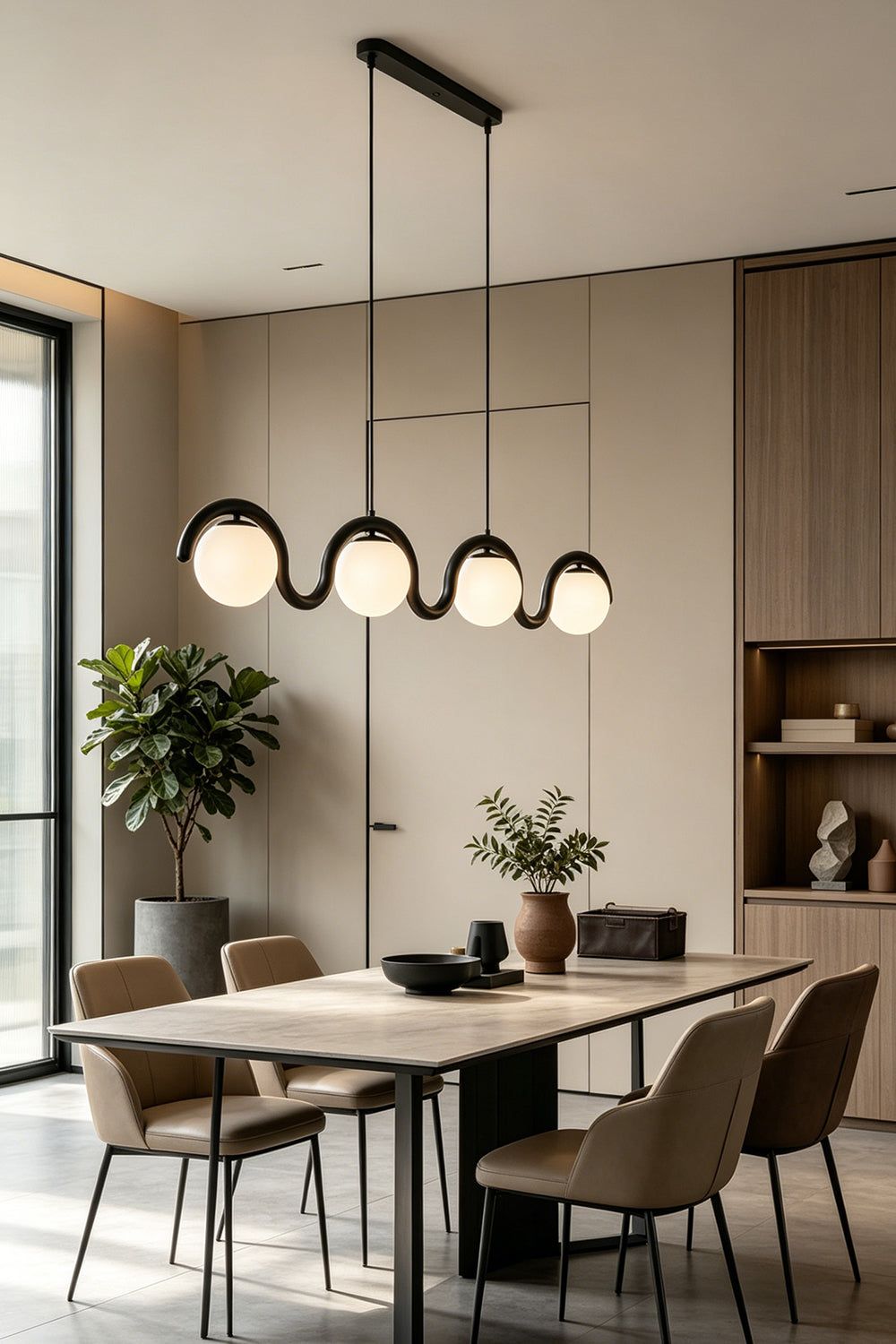 Linear rhythmic flow pendant light over a dining table | Metal, Glass | Interior scene with a large wooden dining set | Samu Lamp