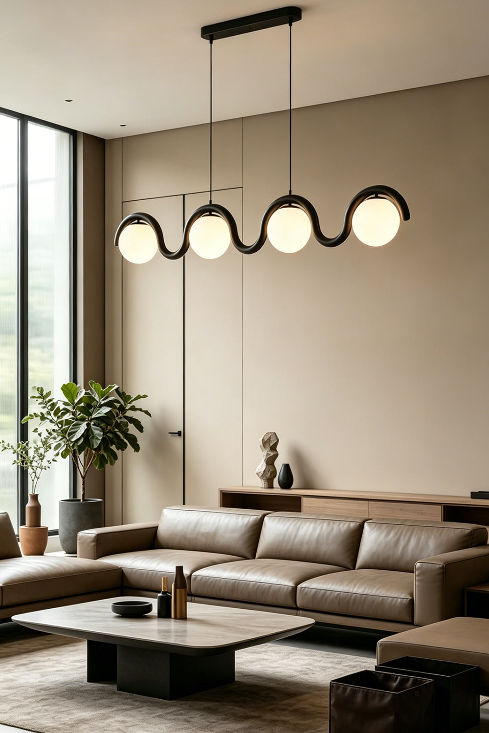4-light linear rhythmic flow pendant in black finish | Metal, Glass | Modern living room interior with a leather sofa | Samu Lamp