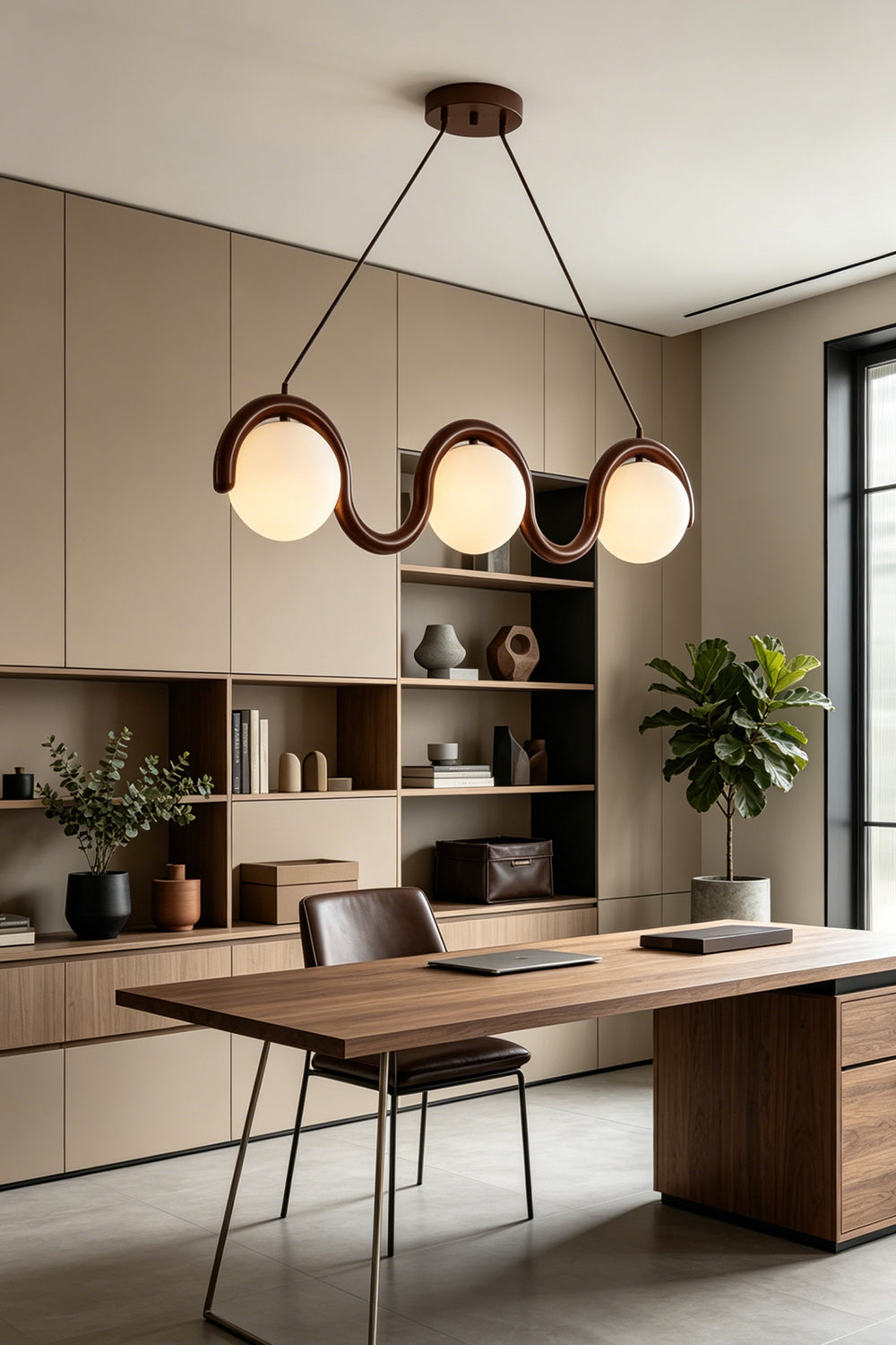 3-light linear glass pendant over a wooden office desk | Metal, Glass | Home office setting with minimalist decor | Samu Lamp