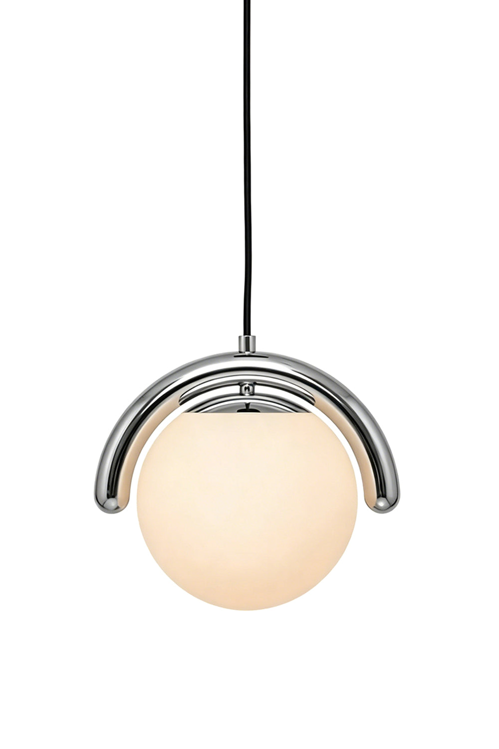 Single rhythmic flow pendant lamp in chrome finish | Metal, Glass | Lit view showing the shiny metallic texture | Samu Lamp