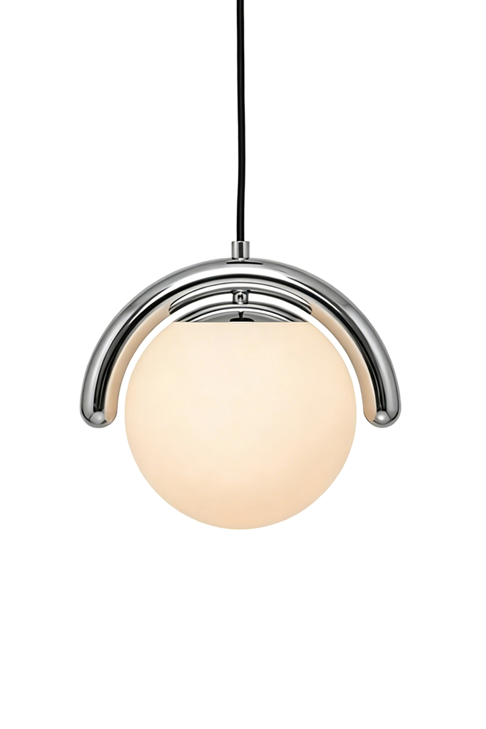 Single rhythmic flow pendant lamp in chrome finish | Metal, Glass | Lit view showing the shiny metallic texture | Samu Lamp