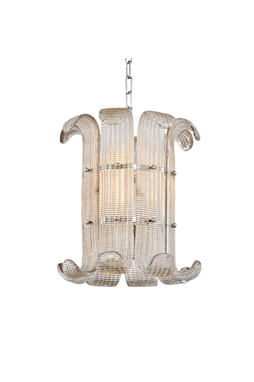 Symmetrical ribbed glass scroll chandelier | Metal | Glass | Clear product shot on white background | Samu Lamp