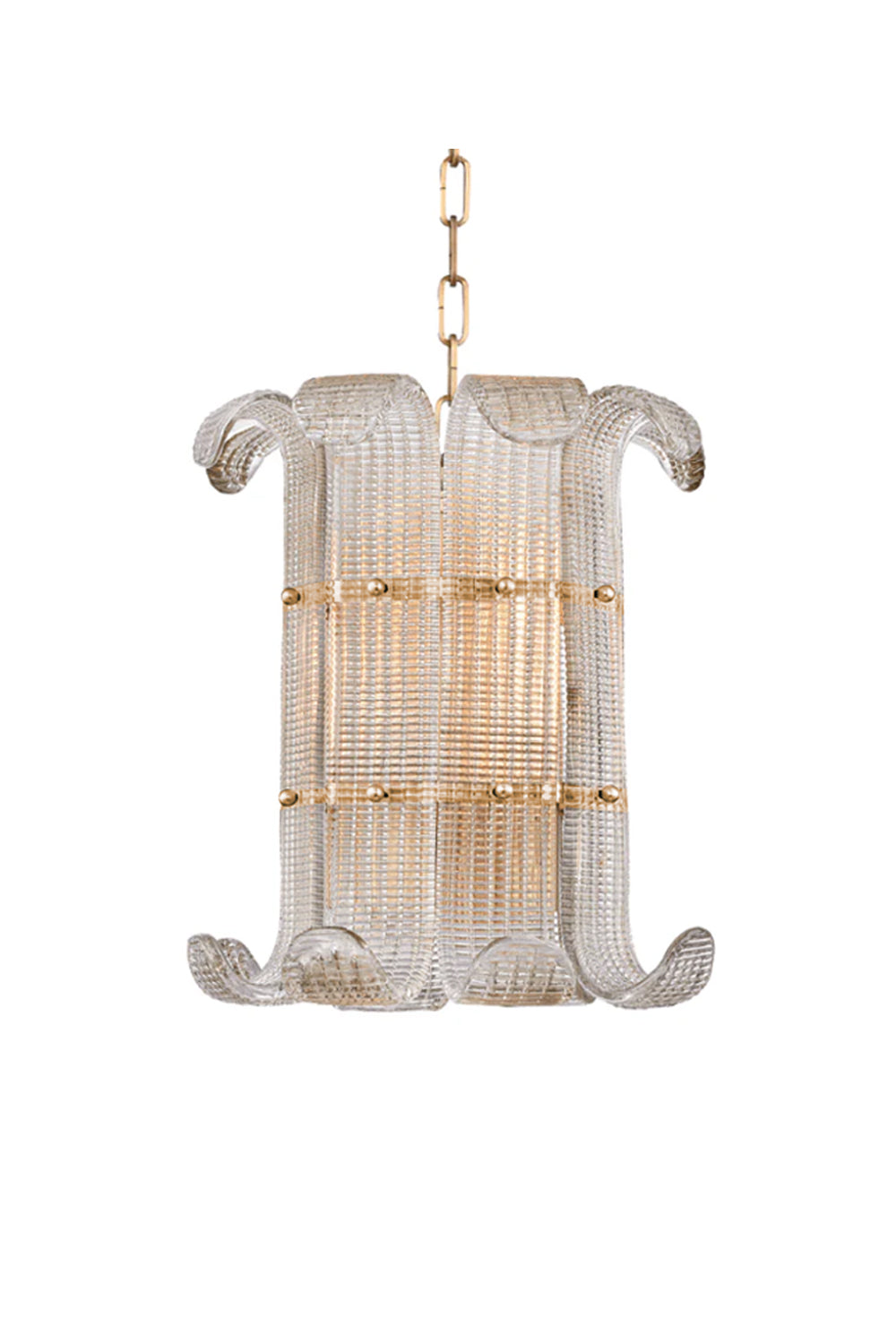 Ribbed glass chandelier with scroll design and brass chain | Metal | Glass | Isolated on white background | Samu Lamp