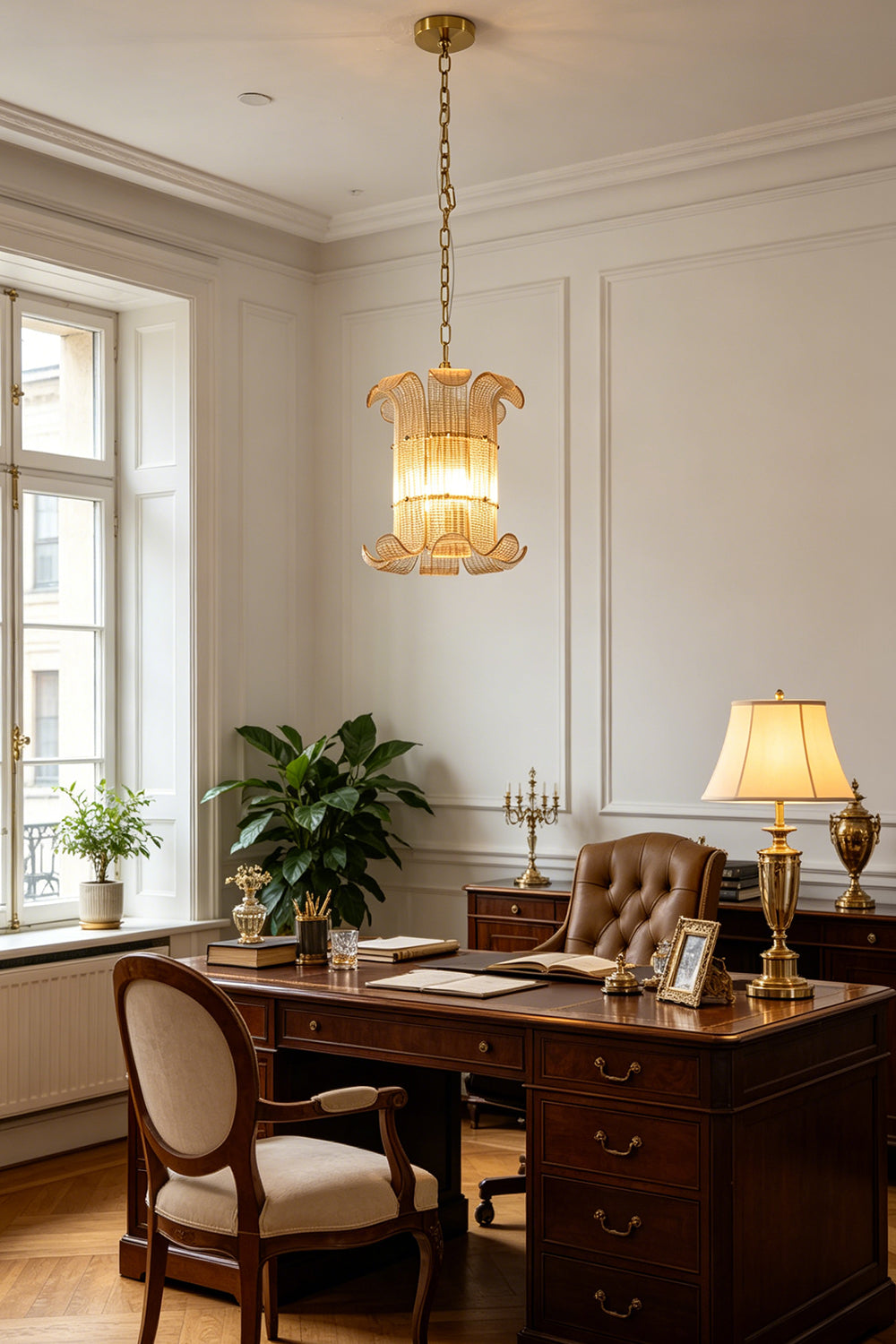 Ribbed glass scroll chandelier for office | Metal | Glass | Installed in a classic home office over a large wooden desk | Samu Lamp