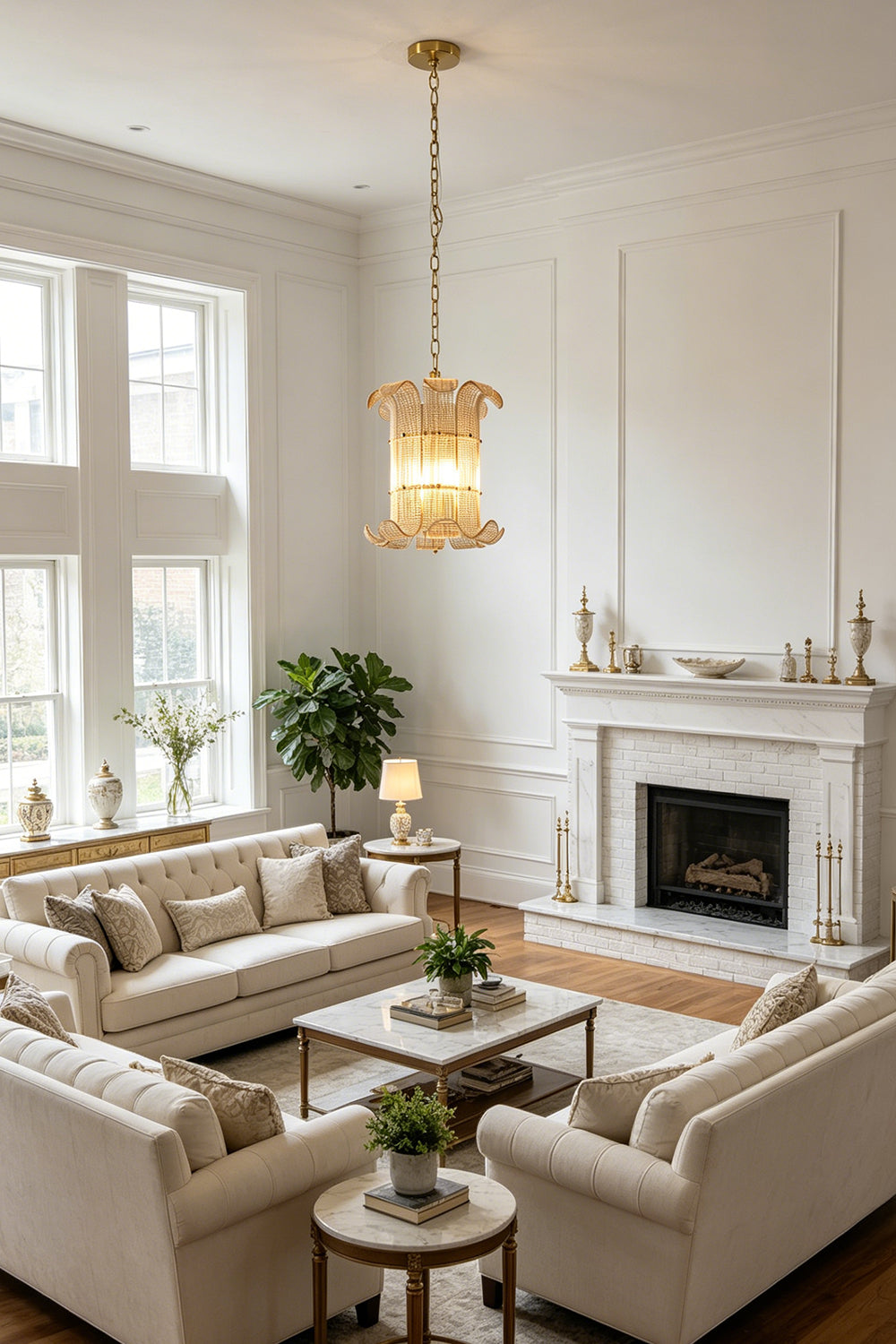 Tiered ribbed glass scroll chandelier | Metal | Glass | Wide shot in a high-ceiling living room with white sofas | Samu Lamp