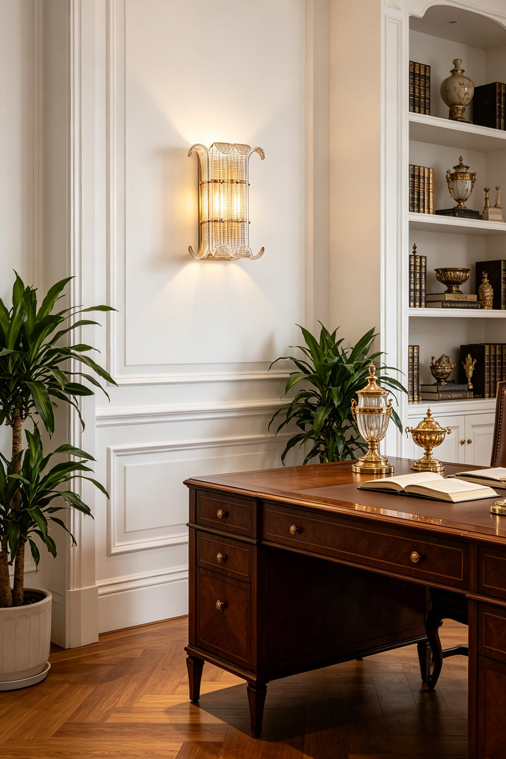 Ribbed Glass Scroll Wall Lamp installed in a home office | Metal, Glass | Mounted above a dark wooden desk near built-in bookshelves | Samu Lamp
