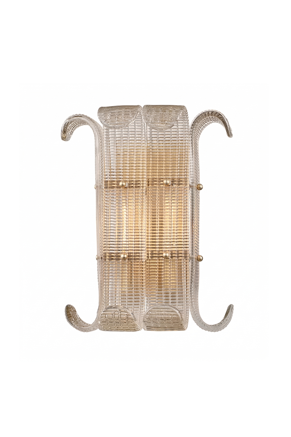 Ribbed Glass Scroll Wall Lamp with symmetrical curved glass arms | Metal, Glass | Clean product shot on white background showing front view and scroll design | Samu Lamp
