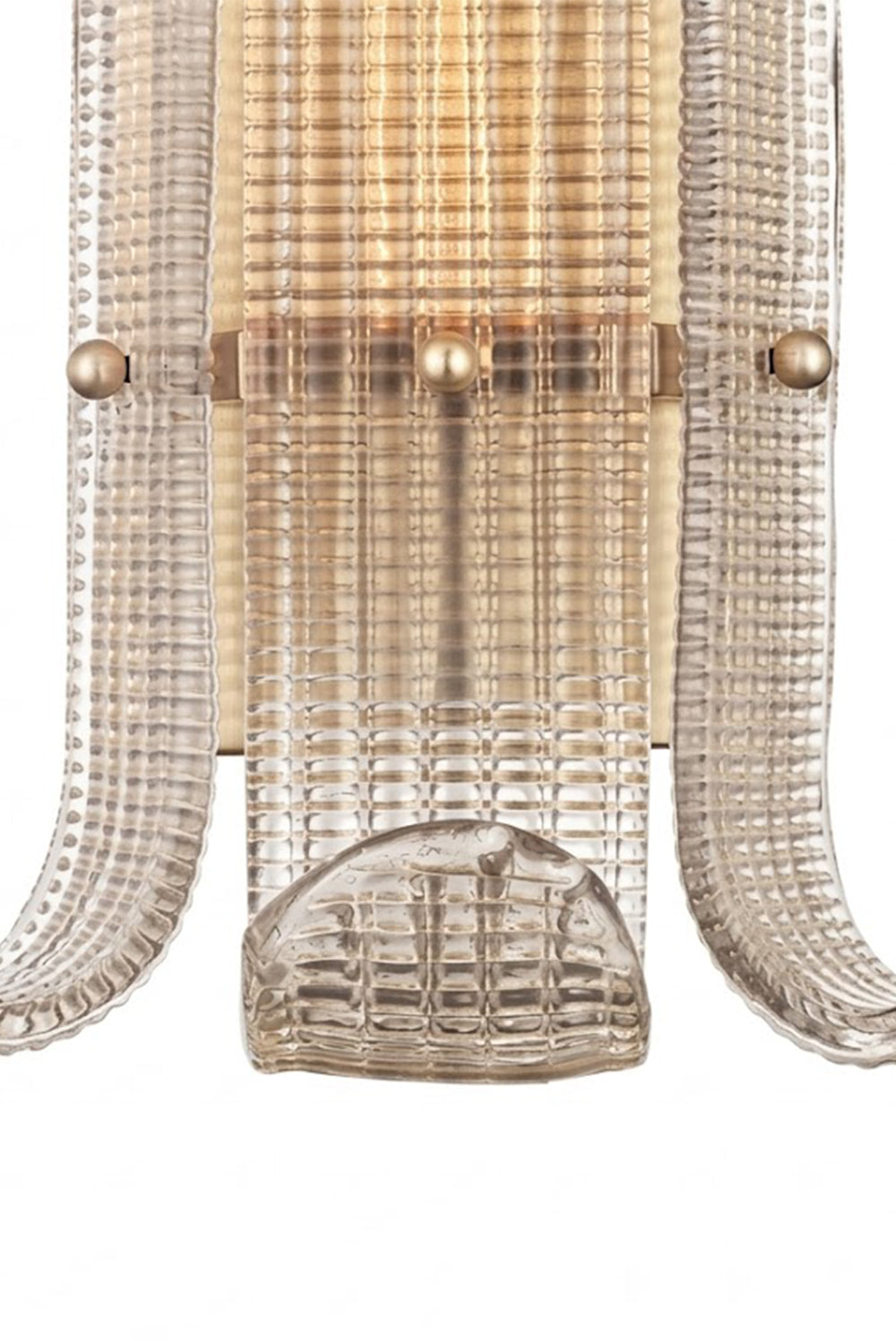 Functional close-up detail shot of the wall lamp bottom | Metal, Glass | Showing the curved glass scroll base and light source | Samu Lamp