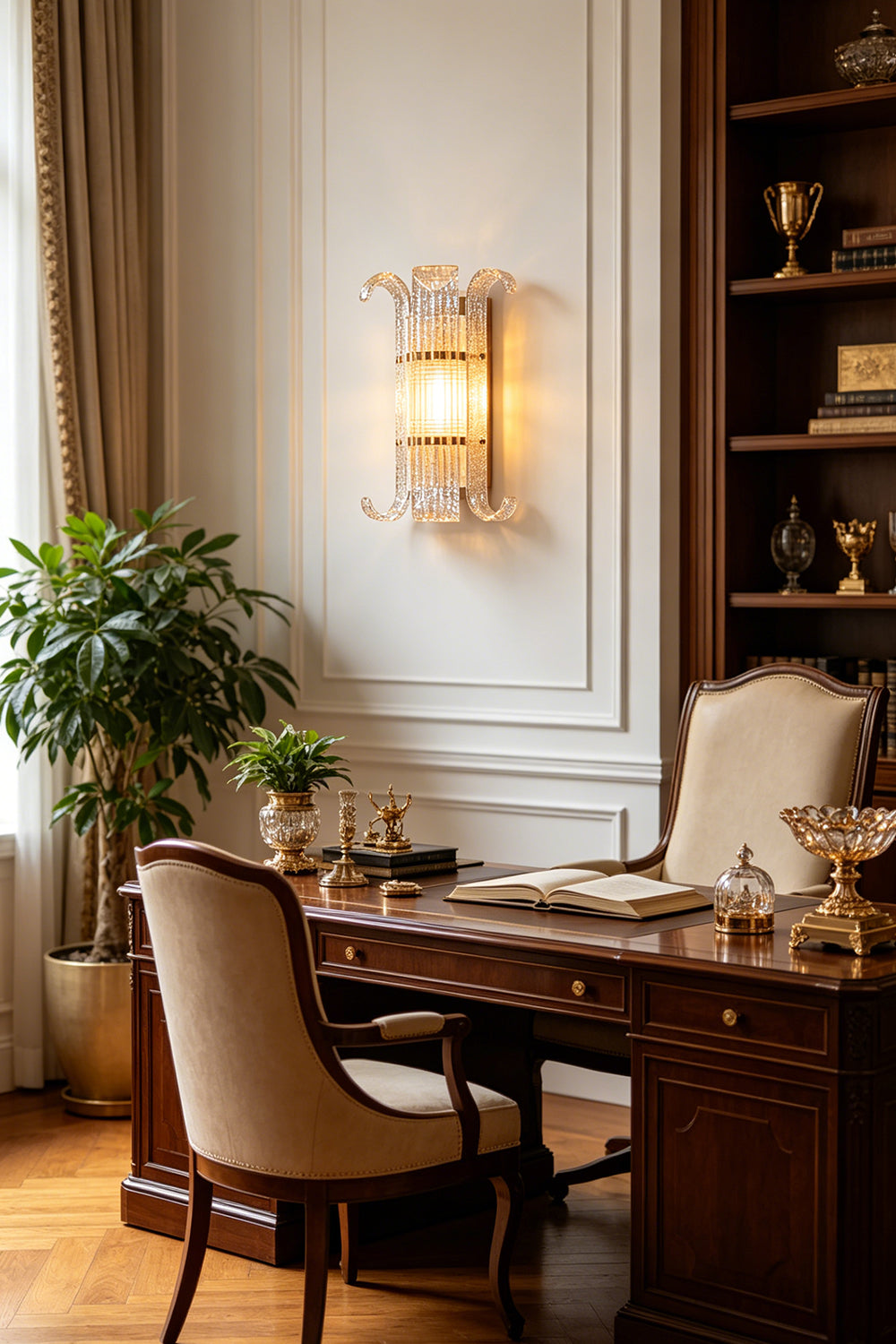 Ribbed Glass Scroll Wall Lamp installed in a home office | Metal, Glass | Mounted above a dark wooden desk near built-in bookshelves | Samu Lamp